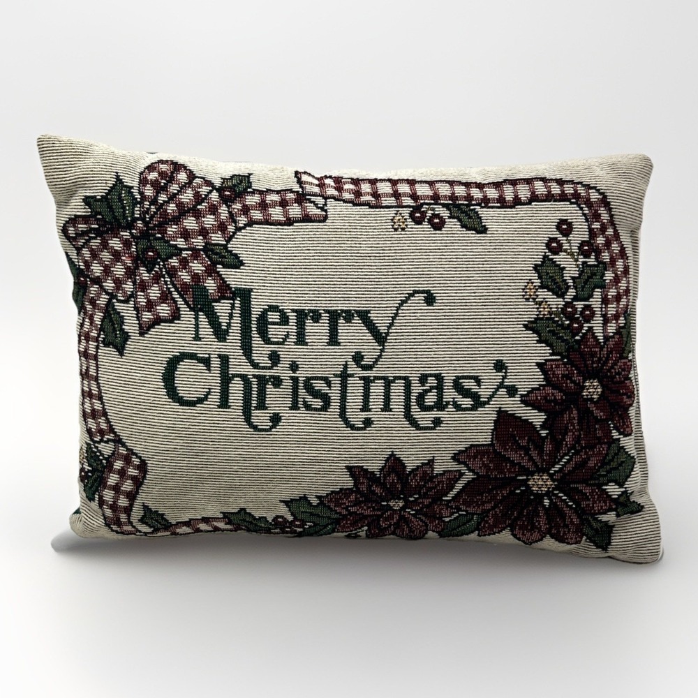 Vintage‎ Merry Christmas Tapestry Woven Throw Pillow 12x8 Holiday Decor